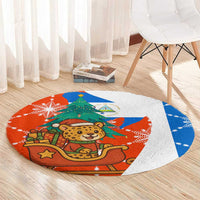 Nicaragua Christmas Round Carpet with Jaguar in Sleigh Christmas Tree Snowflakes and Flag Colors Design - Wonder Print Shop