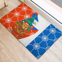 Nicaragua Christmas Rubber Doormat with Jaguar in Sleigh Christmas Tree Snowflakes and Flag Colors Design - Wonder Print Shop