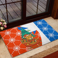Nicaragua Christmas Rubber Doormat with Jaguar in Sleigh Christmas Tree Snowflakes and Flag Colors Design - Wonder Print Shop