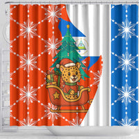 Nicaragua Christmas Shower Curtain with Jaguar in Sleigh Christmas Tree Snowflakes and Flag Colors Design - Wonder Print Shop