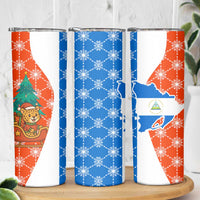 Nicaragua Christmas Skinny Tumbler with Jaguar in Sleigh Christmas Tree Snowflakes and Flag Colors Design - Wonder Print Shop