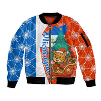 Nicaragua Christmas Sleeve Zip Bomber Jacket with Jaguar in Sleigh Christmas Tree Snowflakes and Flag Colors Design - Wonder Print Shop