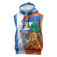 Nicaragua Christmas Sleeveless Hoodie with Jaguar in Sleigh Christmas Tree Snowflakes and Flag Colors Design - Wonder Print Shop