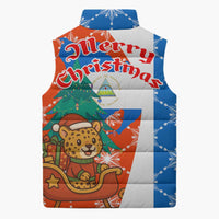 Nicaragua Christmas Sleeveless Puffer Jacket with Jaguar in Sleigh Christmas Tree Snowflakes and Flag Colors Design - Wonder Print Shop