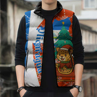 Nicaragua Christmas Sleeveless Puffer Jacket with Jaguar in Sleigh Christmas Tree Snowflakes and Flag Colors Design - Wonder Print Shop