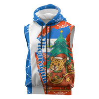 Nicaragua Christmas Sleeveless Zip Hoodie with Jaguar in Sleigh Christmas Tree Snowflakes and Flag Colors Design - Wonder Print Shop