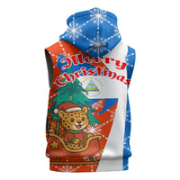 Nicaragua Christmas Sleeveless Zip Hoodie with Jaguar in Sleigh Christmas Tree Snowflakes and Flag Colors Design - Wonder Print Shop