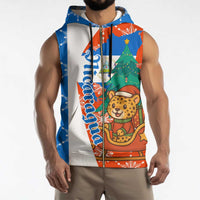 Nicaragua Christmas Sleeveless Zip Hoodie with Jaguar in Sleigh Christmas Tree Snowflakes and Flag Colors Design - Wonder Print Shop