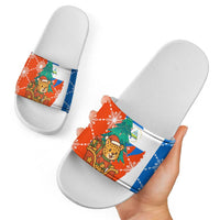 Nicaragua Christmas Slide Sandals with Jaguar in Sleigh Christmas Tree Snowflakes and Flag Colors Design - Wonder Print Shop