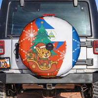 Nicaragua Christmas Spare Tire Cover with Jaguar in Sleigh Christmas Tree Snowflakes and Flag Colors Design - Wonder Print Shop