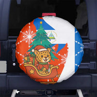 Nicaragua Christmas Spare Tire Cover with Jaguar in Sleigh Christmas Tree Snowflakes and Flag Colors Design - Wonder Print Shop