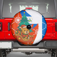 Nicaragua Christmas Spare Tire Cover with Jaguar in Sleigh Christmas Tree Snowflakes and Flag Colors Design - Wonder Print Shop