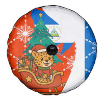 Nicaragua Christmas Spare Tire Cover with Jaguar in Sleigh Christmas Tree Snowflakes and Flag Colors Design - Wonder Print Shop