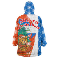 Nicaragua Christmas Wearable Blanket Hoodie with Jaguar in Sleigh Christmas Tree Snowflakes and Flag Colors Design - Wonder Print Shop