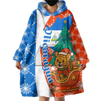Nicaragua Christmas Wearable Blanket Hoodie with Jaguar in Sleigh Christmas Tree Snowflakes and Flag Colors Design - Wonder Print Shop