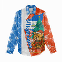 Nicaragua Christmas Women Casual Shirt with Jaguar in Sleigh Christmas Tree Snowflakes and Flag Colors Design - Wonder Print Shop