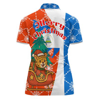 Nicaragua Christmas Women Polo Shirt with Jaguar in Sleigh Christmas Tree Snowflakes and Flag Colors Design - Wonder Print Shop