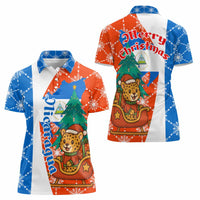 Nicaragua Christmas Women Polo Shirt with Jaguar in Sleigh Christmas Tree Snowflakes and Flag Colors Design - Wonder Print Shop