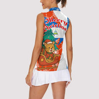 Nicaragua Christmas Women Sleeveless Polo Shirt with Jaguar in Sleigh Christmas Tree Snowflakes and Flag Colors Design - Wonder Print Shop