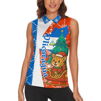 Nicaragua Christmas Women Sleeveless Polo Shirt with Jaguar in Sleigh Christmas Tree Snowflakes and Flag Colors Design - Wonder Print Shop