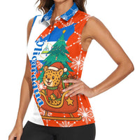 Nicaragua Christmas Women Sleeveless Polo Shirt with Jaguar in Sleigh Christmas Tree Snowflakes and Flag Colors Design - Wonder Print Shop