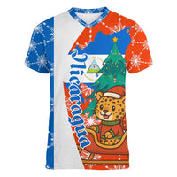 Nicaragua Christmas Women V-Neck T-Shirt with Jaguar in Sleigh Christmas Tree Snowflakes and Flag Colors Design - Wonder Print Shop