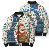Nicaragua Christmas Bomber Puffer Jacket with Santa Cooking Gallina Rellena Tree Flag and Festive Icons Design - Wonder Print Shop