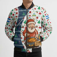 Nicaragua Christmas Bomber Puffer Jacket with Santa Cooking Gallina Rellena Tree Flag and Festive Icons Design - Wonder Print Shop