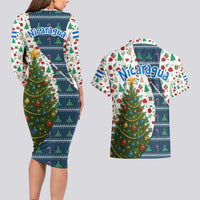 Nicaragua Christmas Couples Matching Long Sleeve Bodycon Dress and Hawaiian Shirt with Santa Cooking Gallina Rellena Tree Flag and Festive Icons Design - Wonder Print Shop