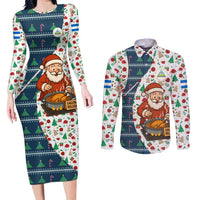 Nicaragua Christmas Couples Matching Long Sleeve Bodycon Dress and Long Sleeve Button Shirt with Santa Cooking Gallina Rellena Tree Flag and Festive Icons Design - Wonder Print Shop
