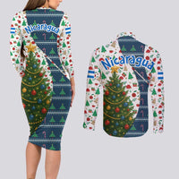 Nicaragua Christmas Couples Matching Long Sleeve Bodycon Dress and Long Sleeve Button Shirt with Santa Cooking Gallina Rellena Tree Flag and Festive Icons Design - Wonder Print Shop