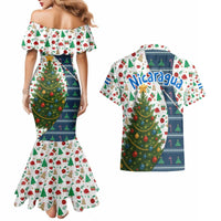Nicaragua Christmas Couples Matching Mermaid Dress and Hawaiian Shirt with Santa Cooking Gallina Rellena Tree Flag and Festive Icons Design - Wonder Print Shop