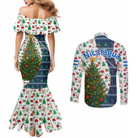 Nicaragua Christmas Couples Matching Mermaid Dress and Long Sleeve Button Shirt with Santa Cooking Gallina Rellena Tree Flag and Festive Icons Design - Wonder Print Shop