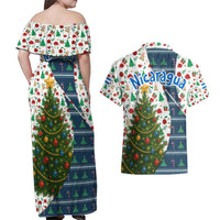 Nicaragua Christmas Couples Matching Off Shoulder Maxi Dress and Hawaiian Shirt with Santa Cooking Gallina Rellena Tree Flag and Festive Icons Design - Wonder Print Shop