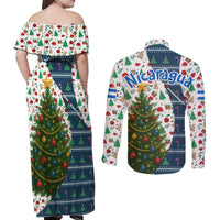 Nicaragua Christmas Couples Matching Off Shoulder Maxi Dress and Long Sleeve Button Shirt with Santa Cooking Gallina Rellena Tree Flag and Festive Icons Design - Wonder Print Shop