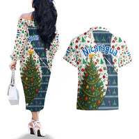 Nicaragua Christmas Couples Matching Off The Shoulder Long Sleeve Dress and Hawaiian Shirt with Santa Cooking Gallina Rellena Tree Flag and Festive Icons Design - Wonder Print Shop