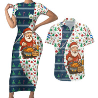 Nicaragua Christmas Couples Matching Short Sleeve Bodycon Dress and Hawaiian Shirt with Santa Cooking Gallina Rellena Tree Flag and Festive Icons Design - Wonder Print Shop