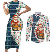 Nicaragua Christmas Couples Matching Short Sleeve Bodycon Dress and Long Sleeve Button Shirt with Santa Cooking Gallina Rellena Tree Flag and Festive Icons Design - Wonder Print Shop