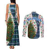 Nicaragua Christmas Couples Matching Tank Maxi Dress and Long Sleeve Button Shirt with Santa Cooking Gallina Rellena Tree Flag and Festive Icons Design - Wonder Print Shop