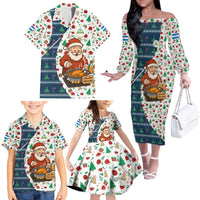 Nicaragua Christmas Family Matching Off The Shoulder Long Sleeve Dress and Hawaiian Shirt with Santa Cooking Gallina Rellena Tree Flag and Festive Icons Design - Wonder Print Shop