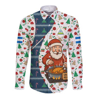 Nicaragua Christmas Long Sleeve Button Shirt with Santa Cooking Gallina Rellena Tree Flag and Festive Icons Design - Wonder Print Shop