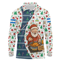 Nicaragua Christmas Long Sleeve Polo Shirt with Santa Cooking Gallina Rellena Tree Flag and Festive Icons Design - Wonder Print Shop