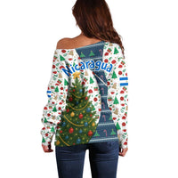 Nicaragua Christmas Off Shoulder Sweater with Santa Cooking Gallina Rellena Tree Flag and Festive Icons Design - Wonder Print Shop