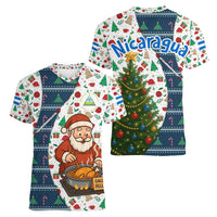Nicaragua Christmas Women V-Neck T-Shirt with Santa Cooking Gallina Rellena Tree Flag and Festive Icons Design - Wonder Print Shop