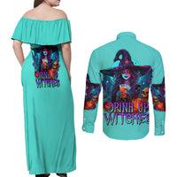 Drink Up Witches Halloween Couples Matching Off Shoulder Maxi Dress and Long Sleeve Button Shirt - Wonder Print Shop