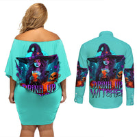 Drink Up Witches Halloween Couples Matching Off Shoulder Short Dress and Long Sleeve Button Shirt - Wonder Print Shop