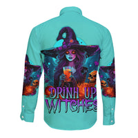 Drink Up Witches Halloween Long Sleeve Button Shirt - Wonder Print Shop