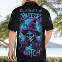 Black short-sleeve button-up shirt with full back witch skull lettering graphic