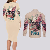 Fresh Out Of F Watercolor Skull Couples Matching Long Sleeve Bodycon Dress and Long Sleeve Button Shirt - Wonder Print Shop