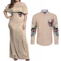 Fresh Out Of F Watercolor Skull Couples Matching Off Shoulder Maxi Dress and Long Sleeve Button Shirt - Wonder Print Shop